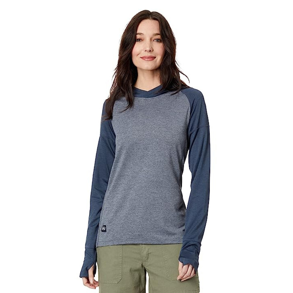 Flylow Moonlight Shirt Women's XS Gray Blue Hooded Thumbhole Long Sleeve ERK925